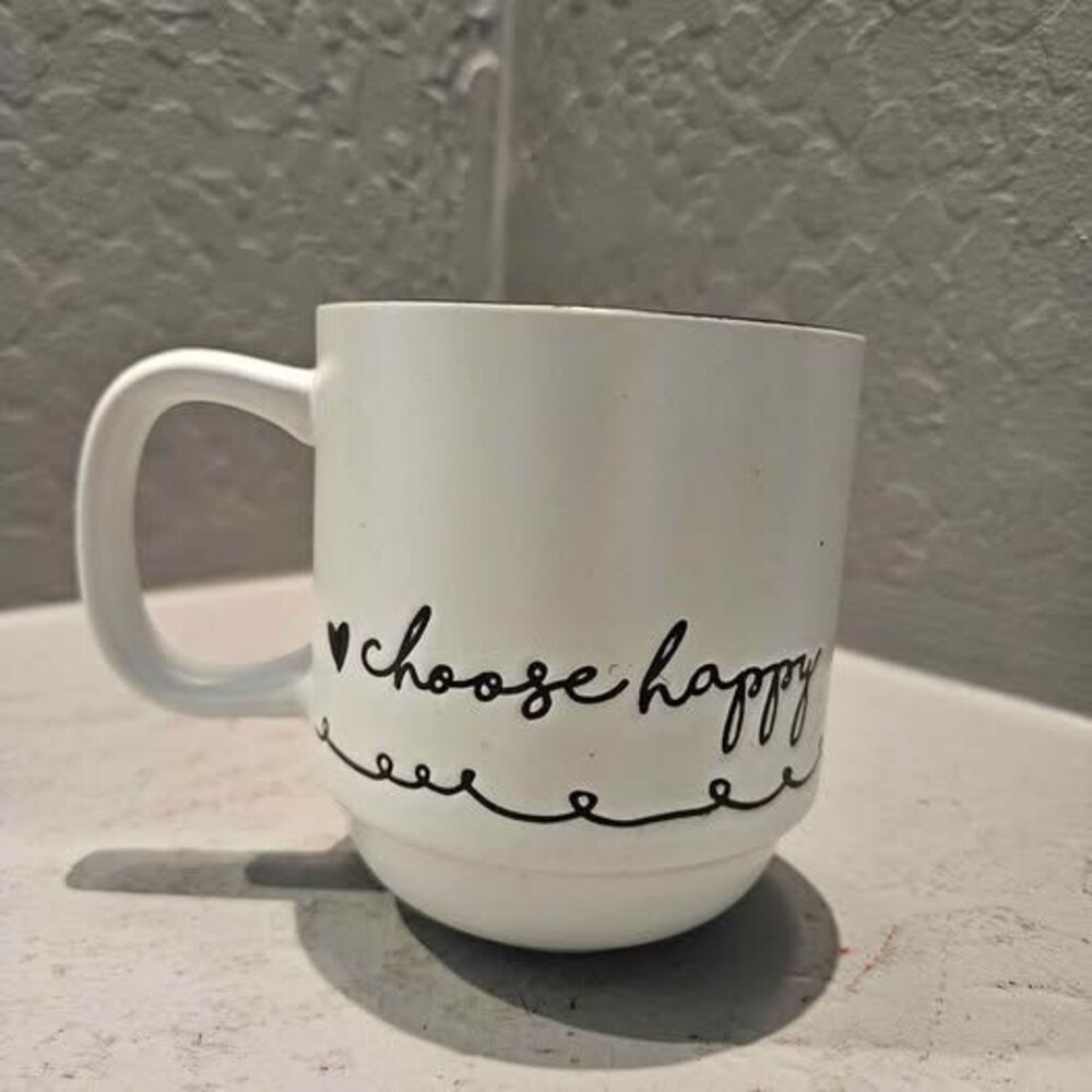 White 'Choose Happy' Ceramic Coffee Mug Stackable Sheffield Home